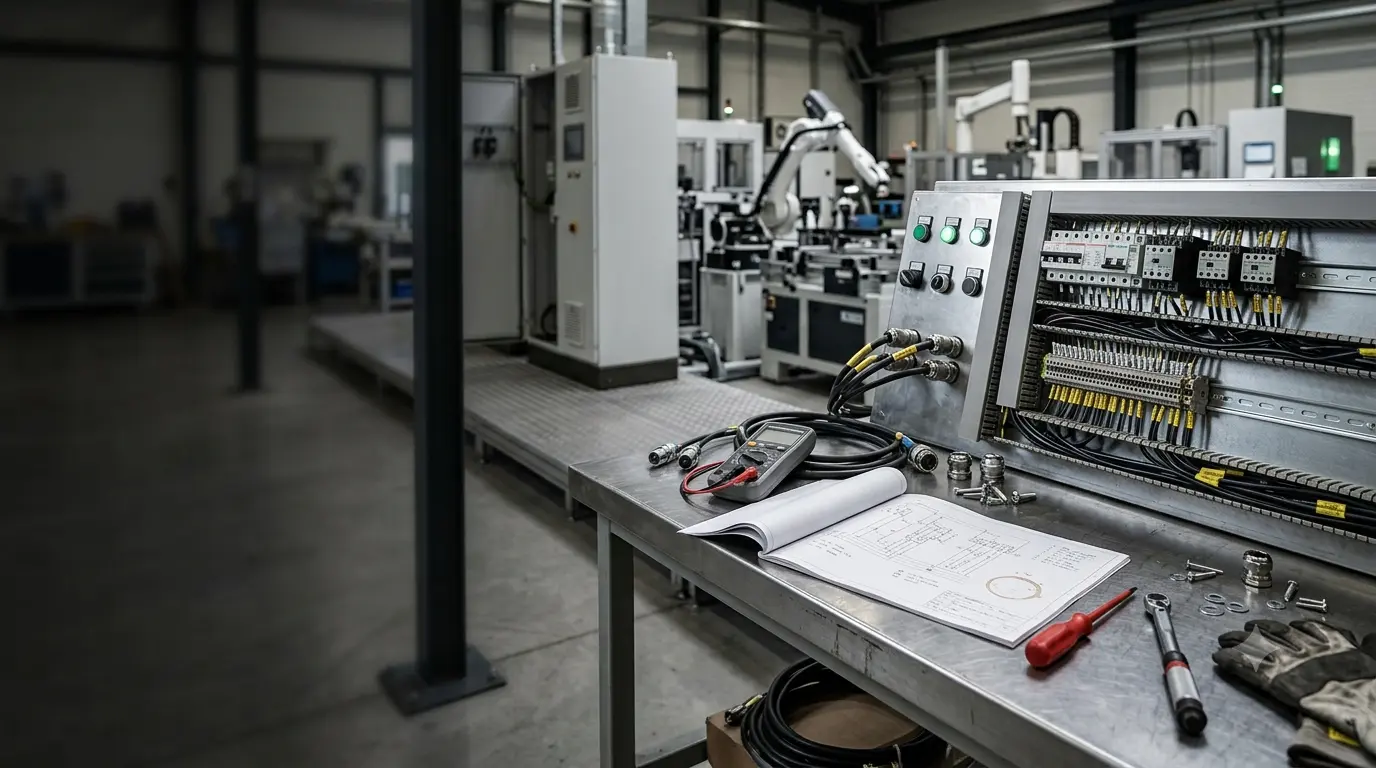 Taller industrial con tablero eléctrico, instrumentos de medición y brazo robótico